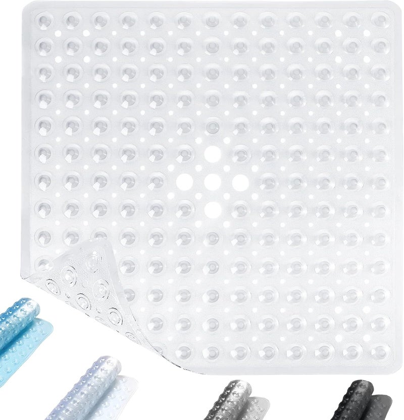 ADO Shower Mat Non Slip, 21x21 inch Square Shower Mats for Inside Shower, Anti-Slip Safety Bathroom Mat with Strong Secure Suction Cups and Drain Holes, Machine Washable (White) - Image 1